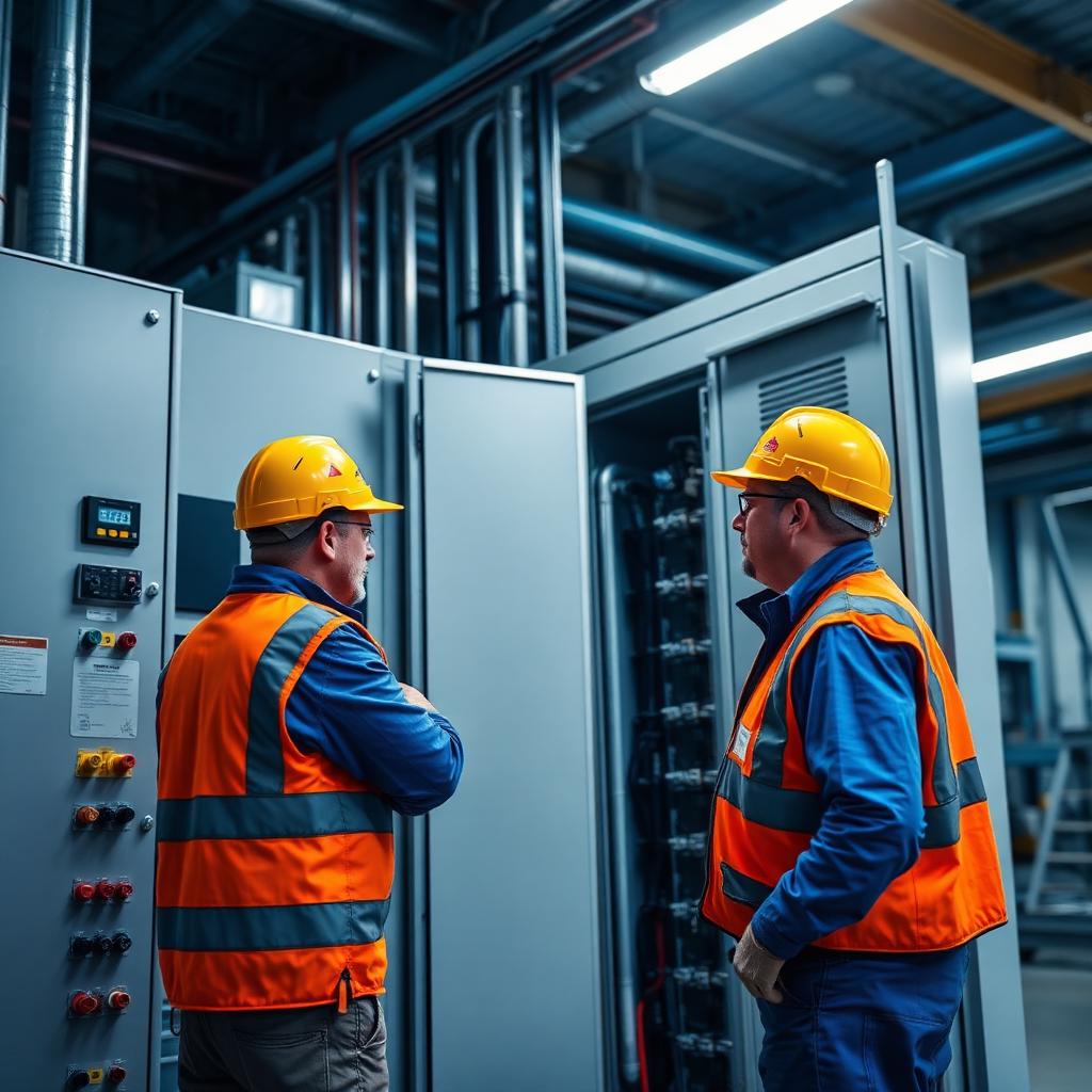 IBSA technicians inspecting an industrial electrical panel